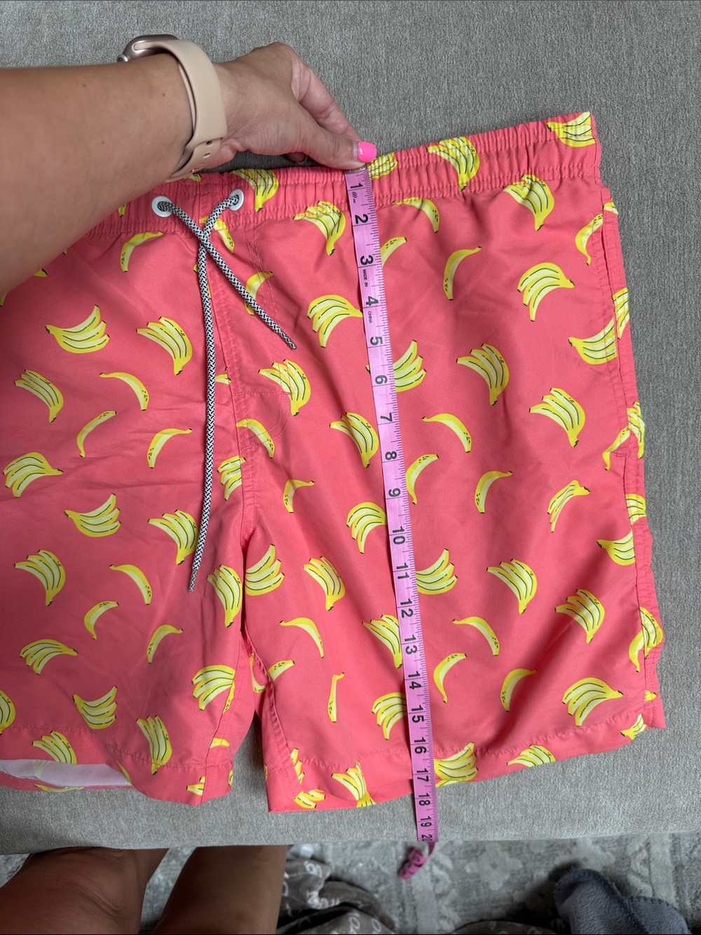 Coral Men's Swim Trunks with Yellow Banana Print - Picture 8 of 9